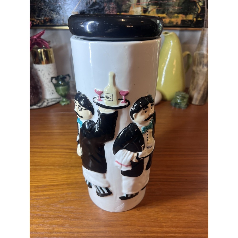 Vintage Houston Harvest Hand Painted Ceramic Bistro Waiters Tall Pasta Canister